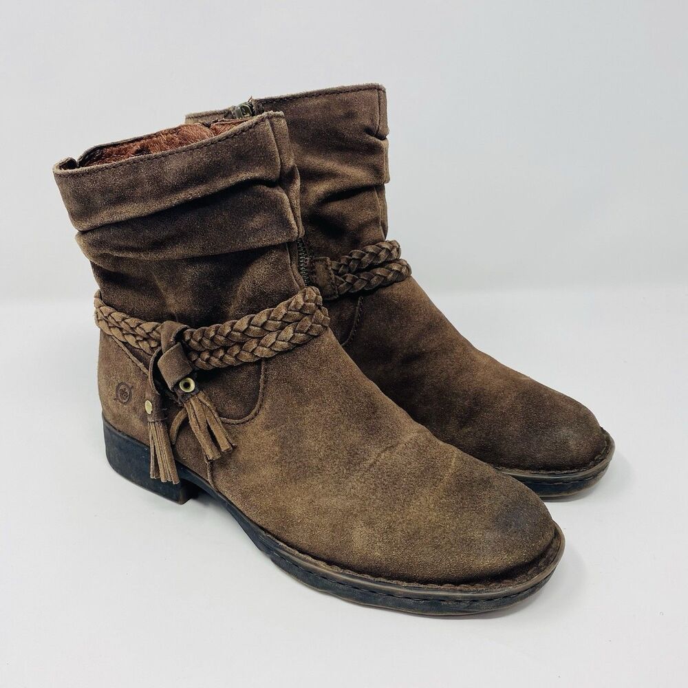 Born 7 Brown Ouvea Slouchy Zip Ankle Boots Distressed Suede Boho Western Braided